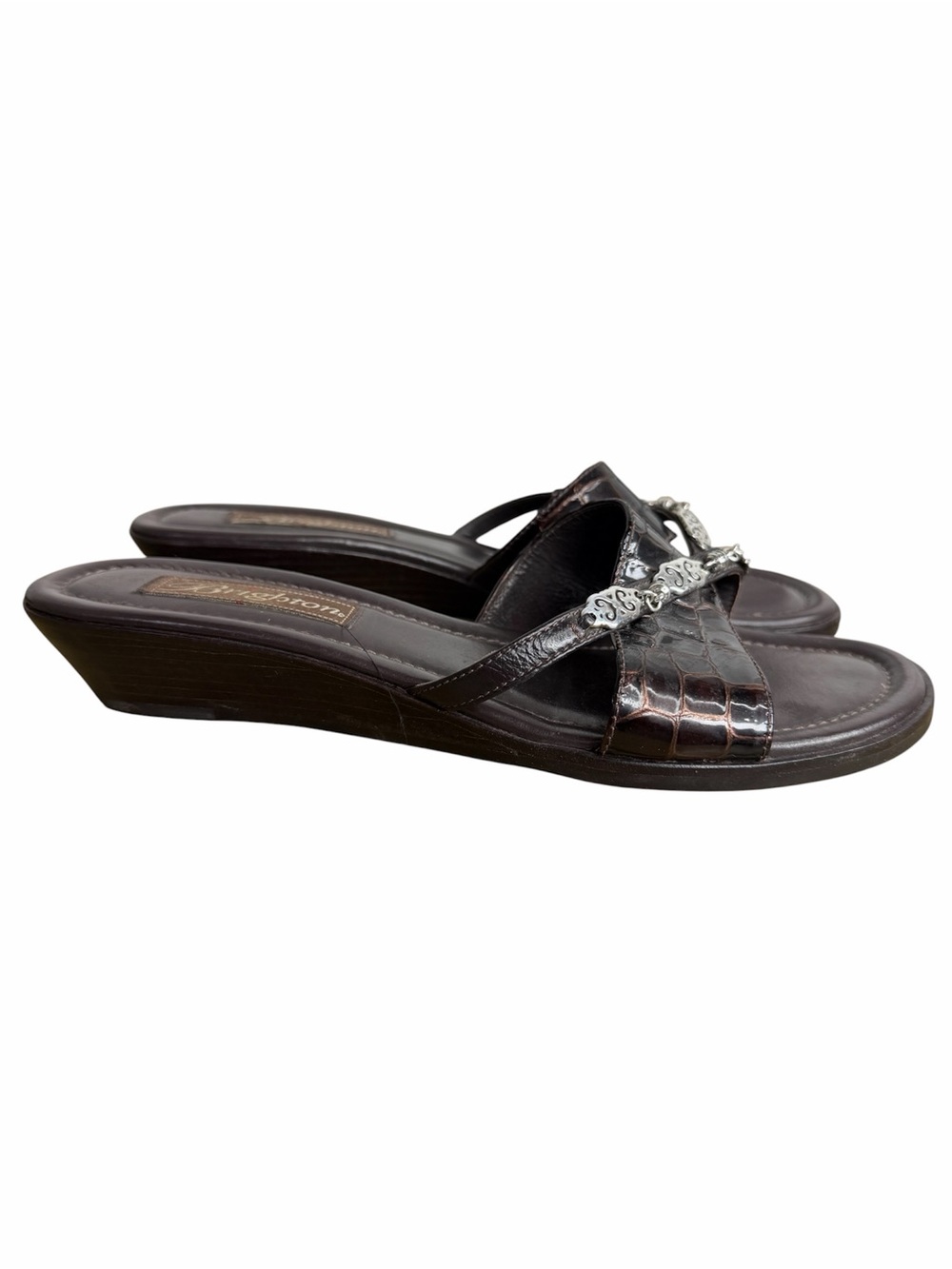 Brighton Hayley Sandals size 8M Brown Patent Croc Embossed Silver Wedge Shoes